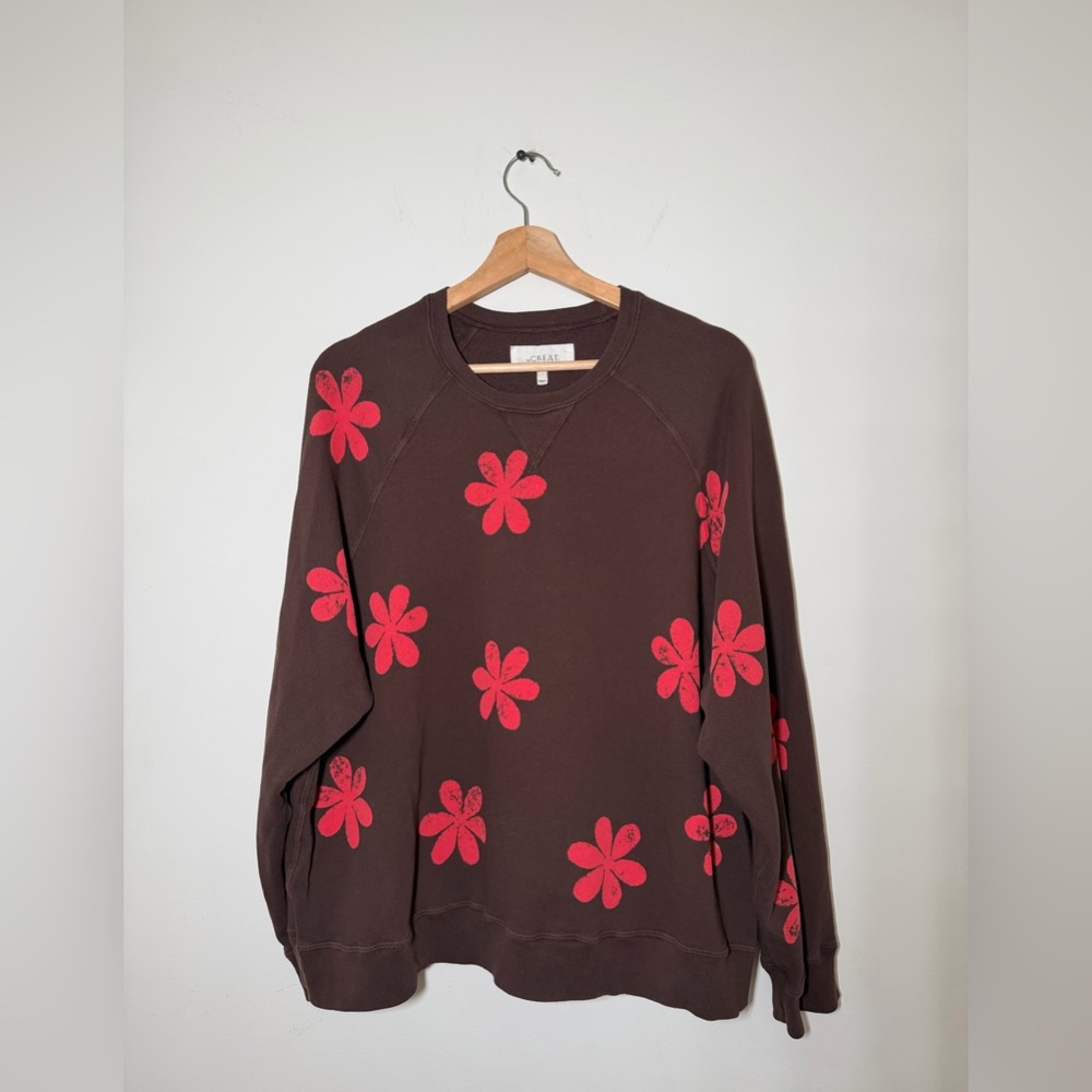 THE GREAT. SLOUCHY OVERSIZED SWEATSHIRT WITH SCREEN PRINTED RED FLOWERS SIZE 1/S